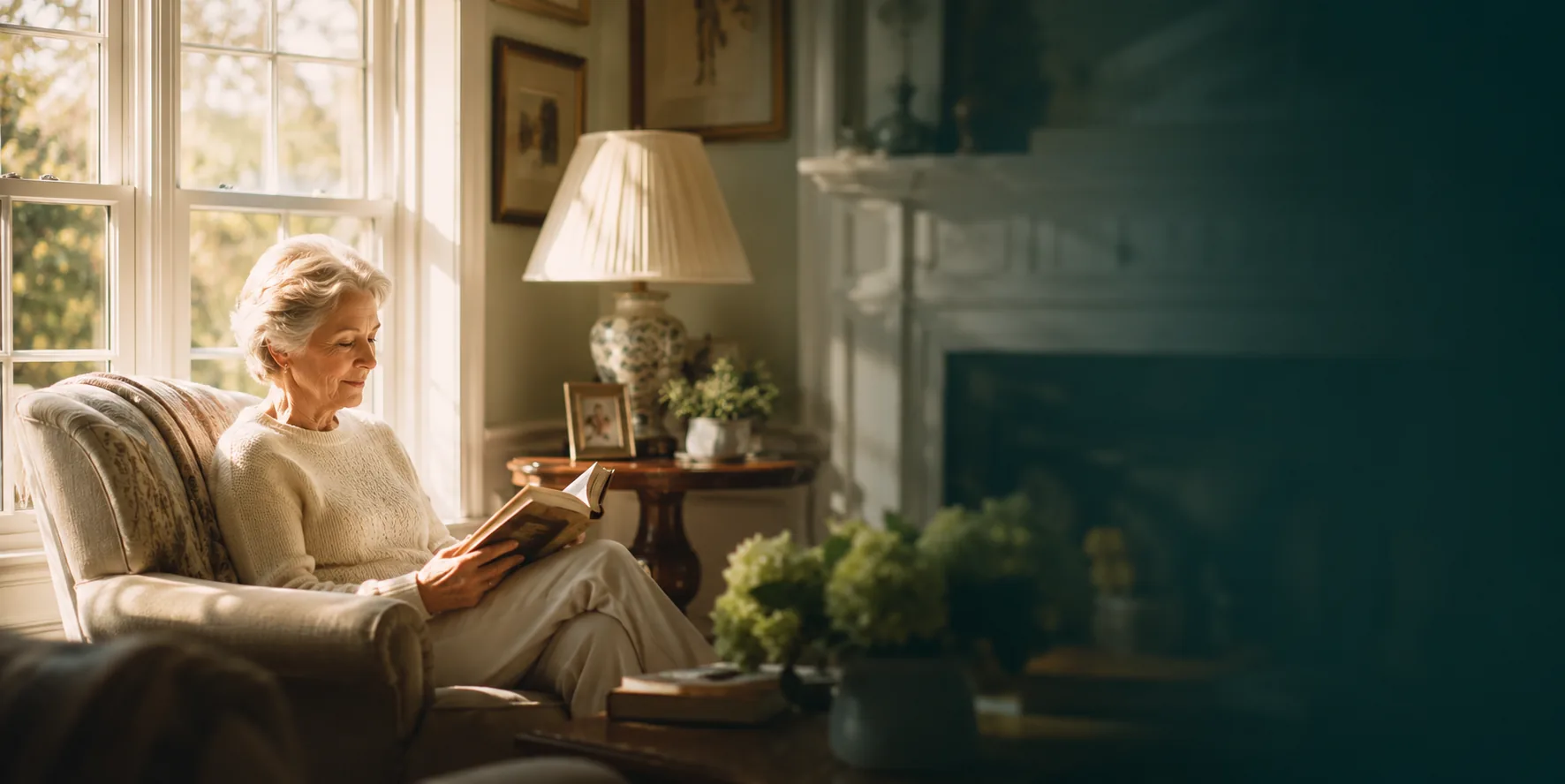A caregiver reading quietly with an older adult at home